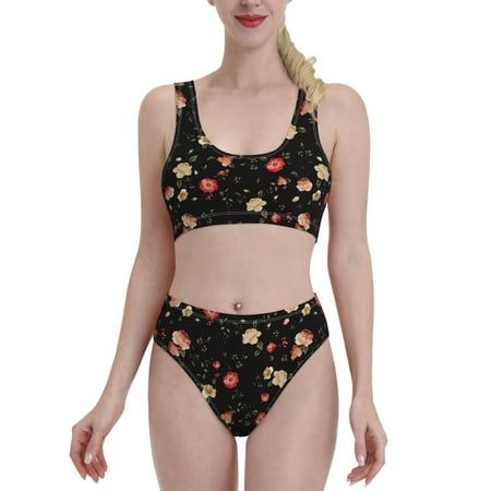 Daiia Red White Flowers printed 2 piece Swimsuit Bikinis for Women High Waisted Racerback Bathing Suits Summer Tummy Control Scoop Neck Swimwear-Large