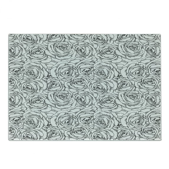Black and White Cutting Board, Romantic Natures in Sketch Art Style Monochromatic Rose Bouquet, Decorative Tempered Glass Cutting and Serving Board, Small Size, Black White, by Ambesonne