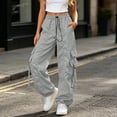 thumbnail image 4 of CONZONE Womens Cargo Pants Wide Leg Elastic Waist Drawstring Jogger Pants With Pockets Summer Fall Baggy Trousers For Women, 4 of 6