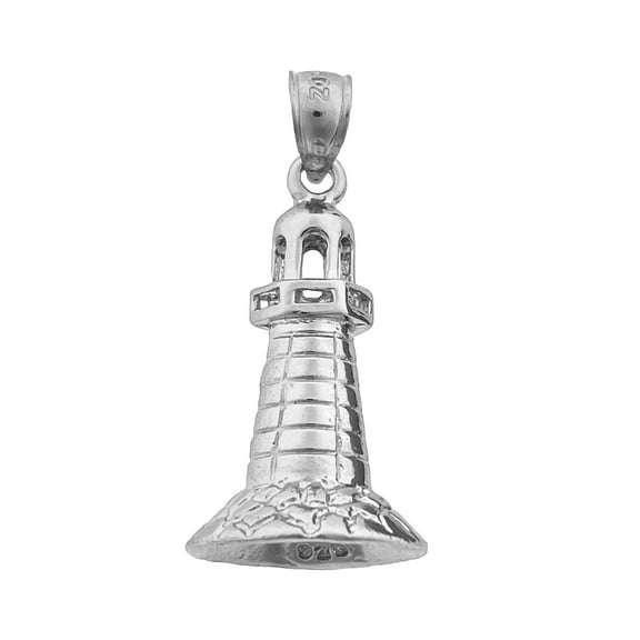 Rhodium Plated 925 Sterling Silver 3-D Lighthouse Pendant
