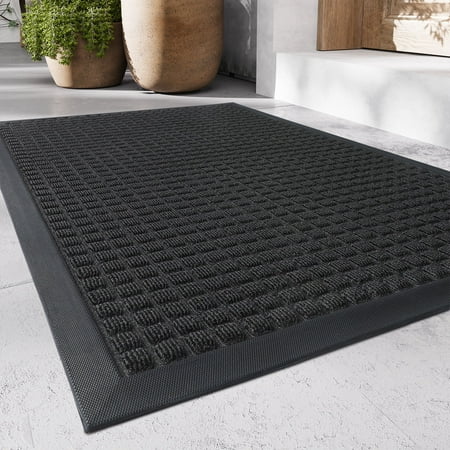 SIXHOME Outdoor Mat Non Slip Doormat 17 x30  Front Door Mat Outside Absorbent Rubber Welcome Mat Low Profile Dirt Trapper Indoor Outdoor Doormat Thicken Checker Entryway Rug Floor Mat Black