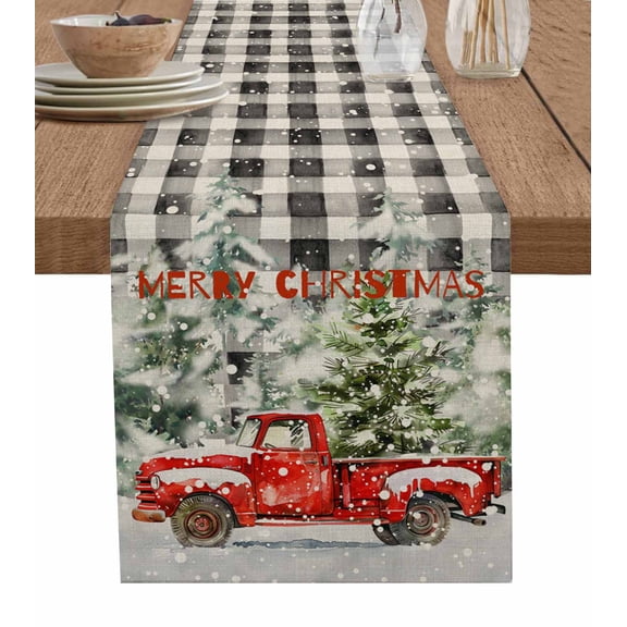 Ldtrchee Black Christmas Table Runner 72 Inches, Red Truck Xmas Tree Snowflake Bed Runner Dresser Scarves Tabletop for Indoor Outdoor Parties/Ceremony/Banquet, 13" x 72"