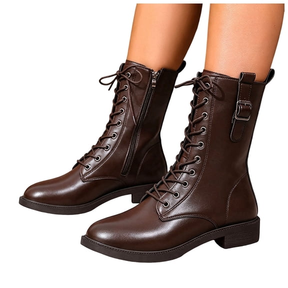 Women's Knee High Boots with Side Zipper Fashion Buckle Straps Lace up Combat Boots Non Slip Motorcycle Shoes Brown Size 6