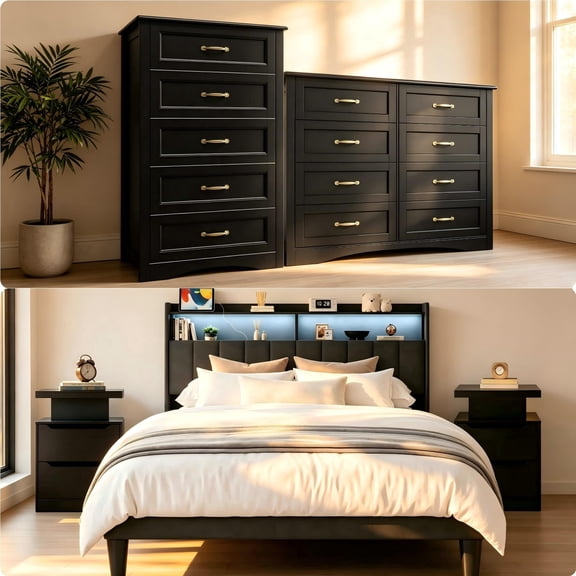 5 Piece Queen Bedroom Furniture Set - Gizoon Dark Gray Lighted Bed Frame, Two Black Lighted Nightstands, One 5 Drawer Dresser and 8 Drawer Dresser, Modern Home Collection