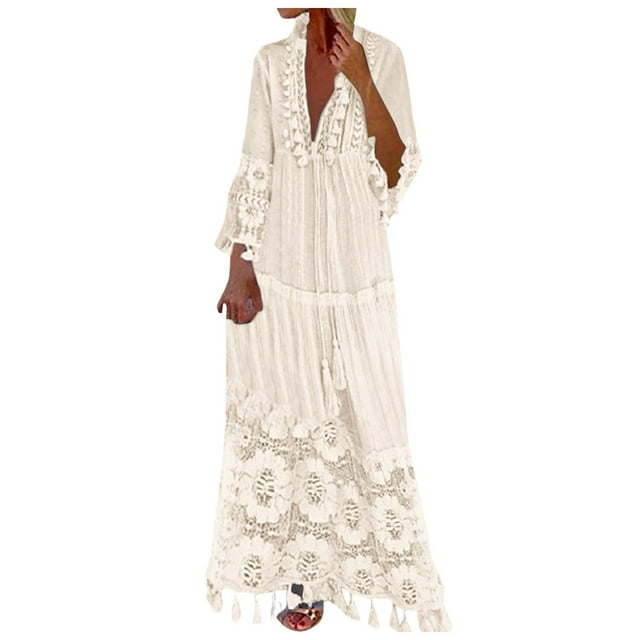 FhsagQ Paréo pour Femmes Culotte Fendue Femme Mode Uni Dentelle Patchwork Franges Robe à Manches Longues Robe de Plage Vacances Grande Taille Paréo pour Femmes 5TG Beige m