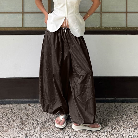 Womens Boho Summer Baggy Cotton Pleated Harem Pants Loose Elastic Waist Wide Leg Hippie Long Balloon Pants Brown S
