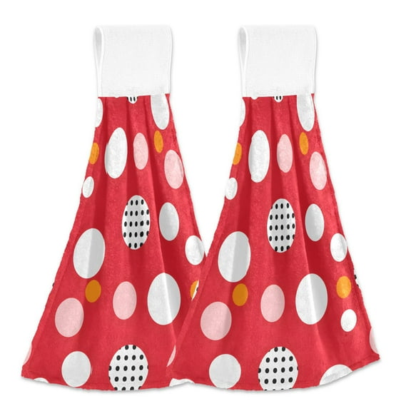 2 Pcs White Polka Dots on Red Kitchen Hand Towels with Hanging Loops Absorbent Soft Fast Drying Decor Bath Towels
