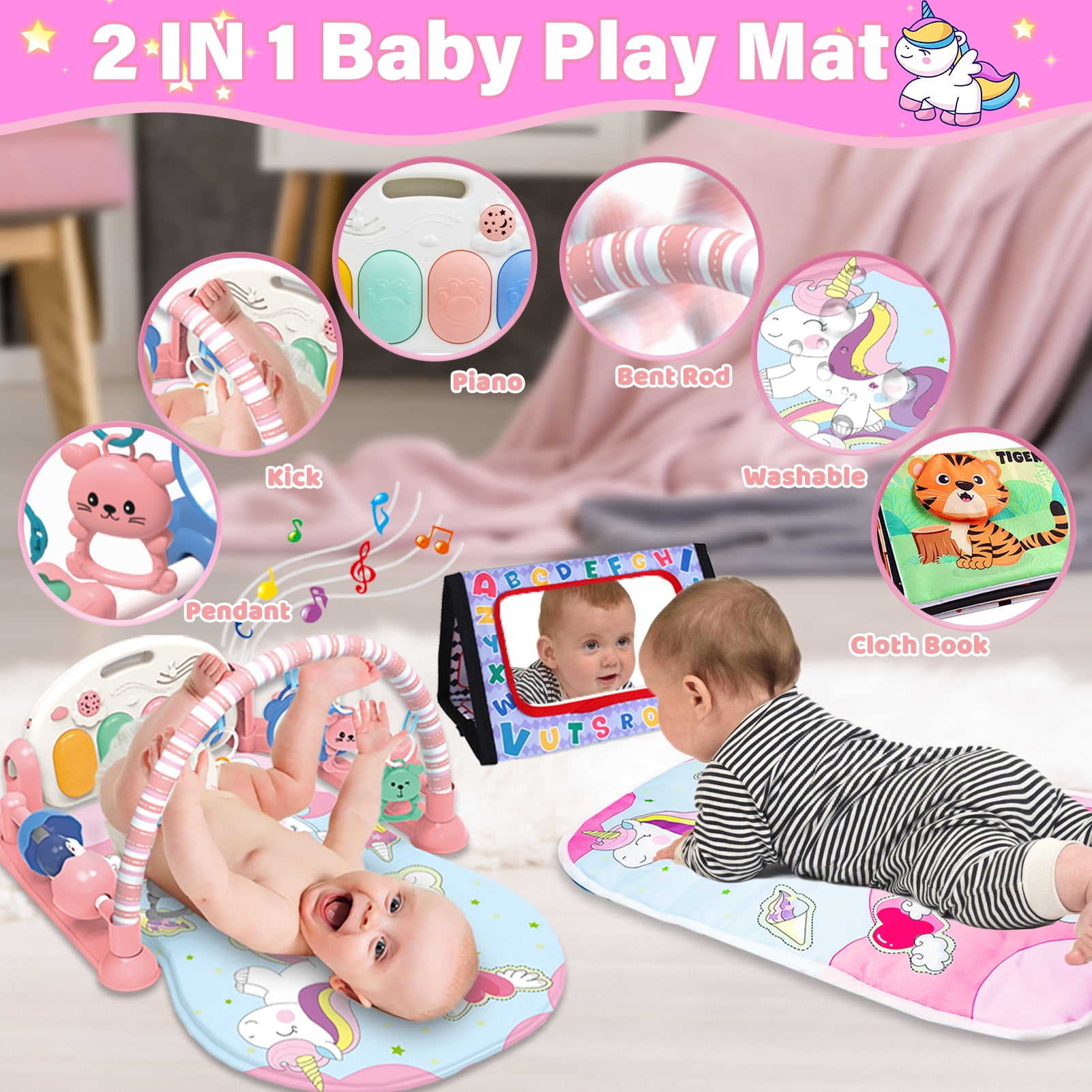 LINXUXIE 2 in 1 Baby Gym Playmat with Music and Lights,Infant Tummy Time Mat with 5 Sensory Montessori Toys & Mirror,Newborn Gifts for 0-3 6-12 Month