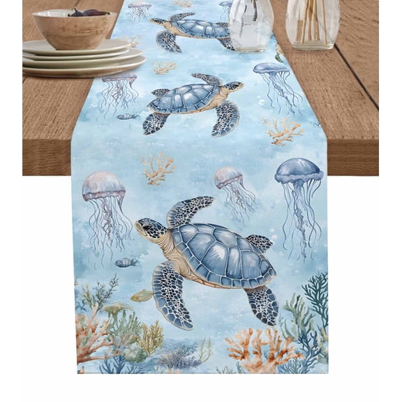 Ldtrchee Coastal Turtle Table Runner 72 Inches, Ocean Coral Jellyfish Beach Summer Bed Runner Dresser Scarves Tabletop for Indoor Outdoor Parties/Ceremony/Banquet, 14" x 72"