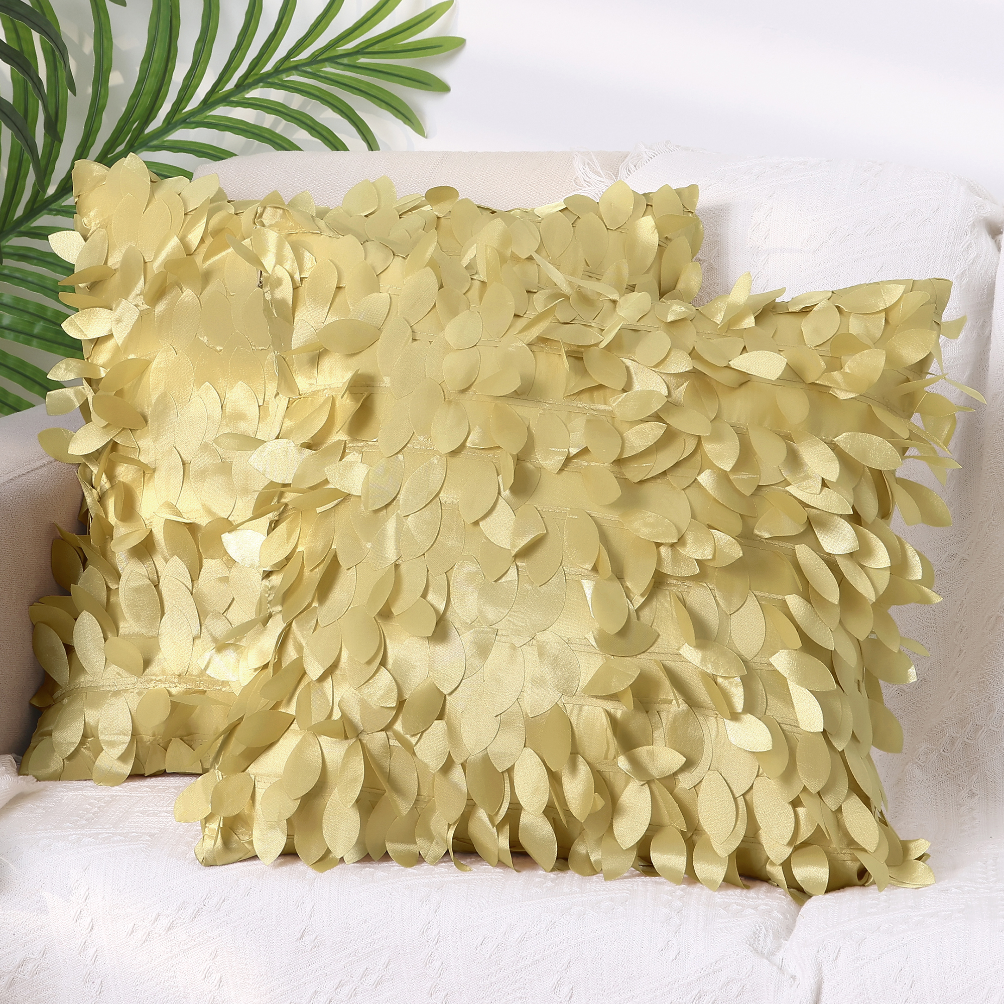 Unique Bargains Sequins Leaf 3D Throw Pillow Cover Pack of 4 Solid Color Cushion Covers Gold 18" x 18"