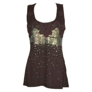 Mogul Women's Sequins Sleeveless Brown Embroidered Boho Chic T Shirts Tank Top S