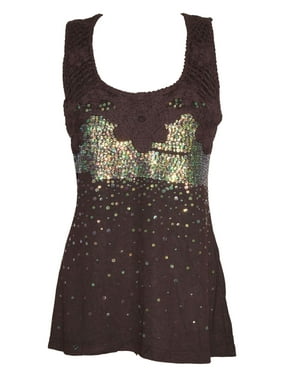 Mogul Women's Sequins Sleeveless Brown Embroidered Boho Chic T Shirts Tank Top S