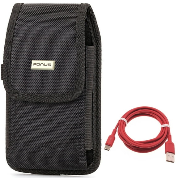 6ft USB-C Cable + Case Belt Clip for Motorola One 5G Ace Phone - Red Charger Cord Power Wire and  Rugged Holster Canvas Cover Combo for Motorola One 5G Ace