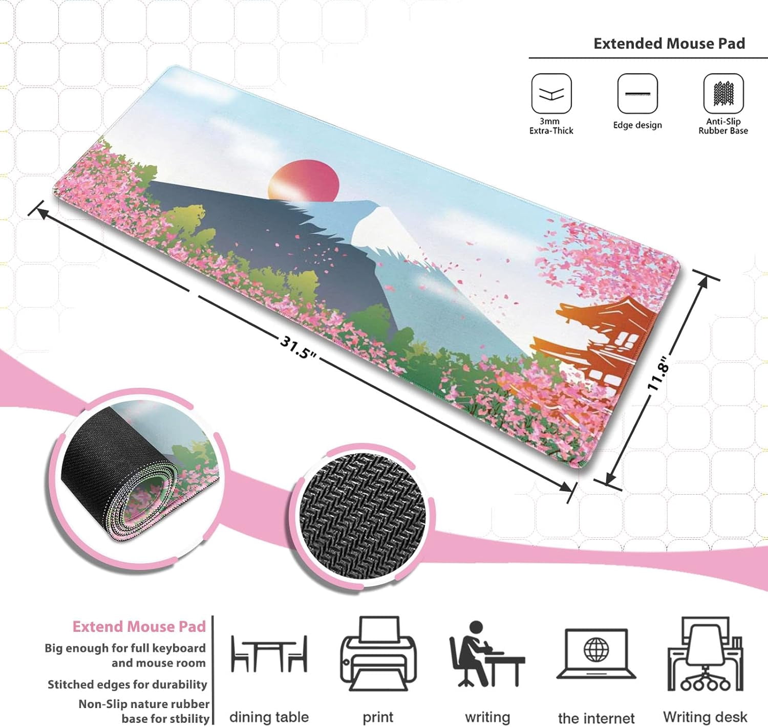 Large Gaming Mouse Pad, Anti-Slip Extended Mouse Pad,Waterproof Keyboard Pad, Mouse Mat Desk Pad for Gamer Office Home XL 31.5" x 11.8" Japanese Cherry Blossom