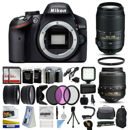 Nikon D3200 DSLR Digital Camera with 18-55mm VR + 55-300mm VR Lens + 128GB Memory + 2 Batteries + Charger + LED Video Light + Backpack + Case + Filters + Auxiliary Lenses + More!
