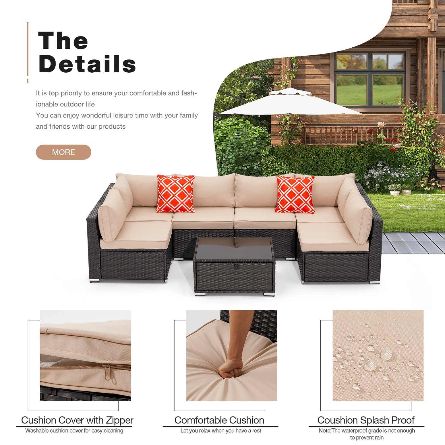 Homrest 7 Pieces Outdoor Sectional Sofa, Wicker Conversation Sets, Steel Frame, Khaki