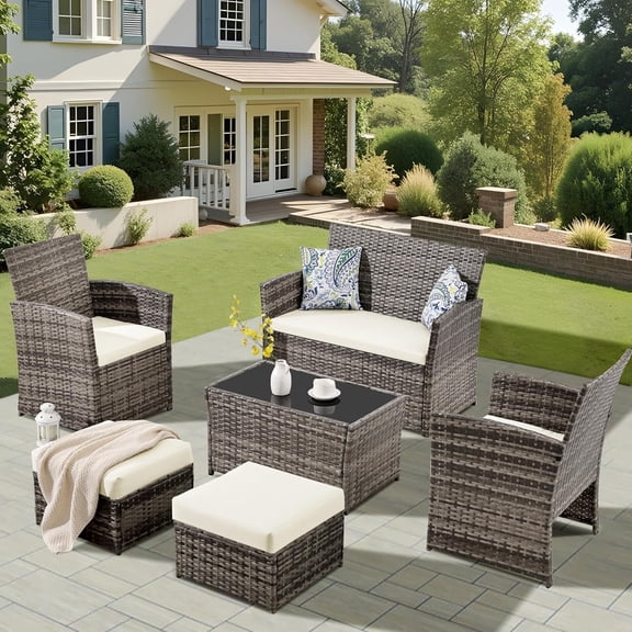 FHFO 6 Pieces Outdoor Patio Furniture Set, Wicker Sectional Sofa Patio Conversation Set Couch with Ottomans Rattan Chair and Table for Garden, Yard,Gray-Beige