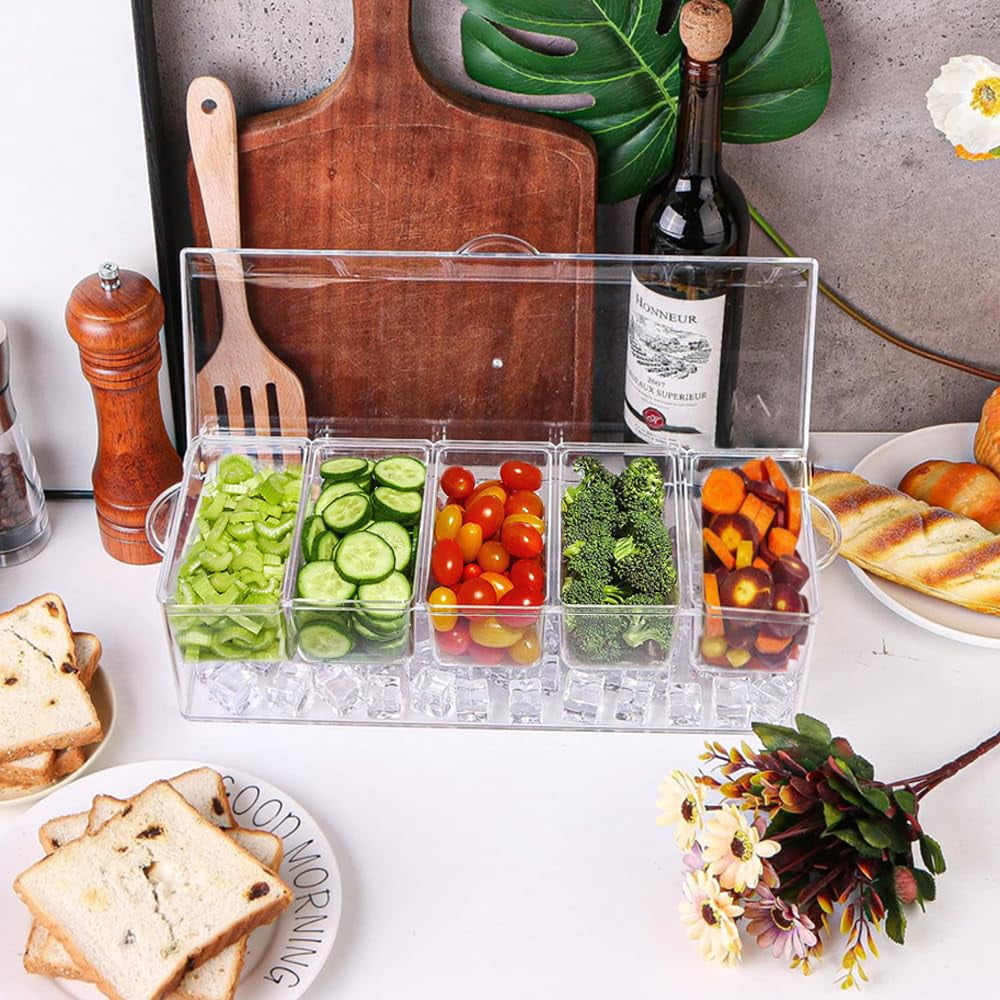 Chilled Condiment Server with Lids,Serving Trays,Condiment Caddy with 5 Containers,Ice Fruit Tray Platter for Bar Accessories,Salad,Taco,Party Garnish