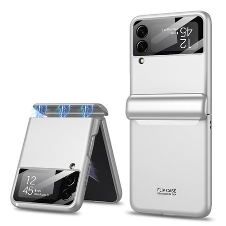 Dteck for Samsung Galaxy Z Flip 3 Case Hinge Protection Cover Silm PC Magnetic Hinge All-Inclusive Glass Camera Lens Protector Case For Samsung Galaxy Z Flip3 5G,Silver