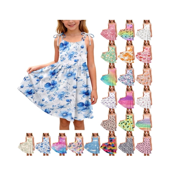 Vornjynx Girls Floral Dress with Pockets Sleeveless Square Neck Summer Trendy Breathable Dress Blue Size 4t