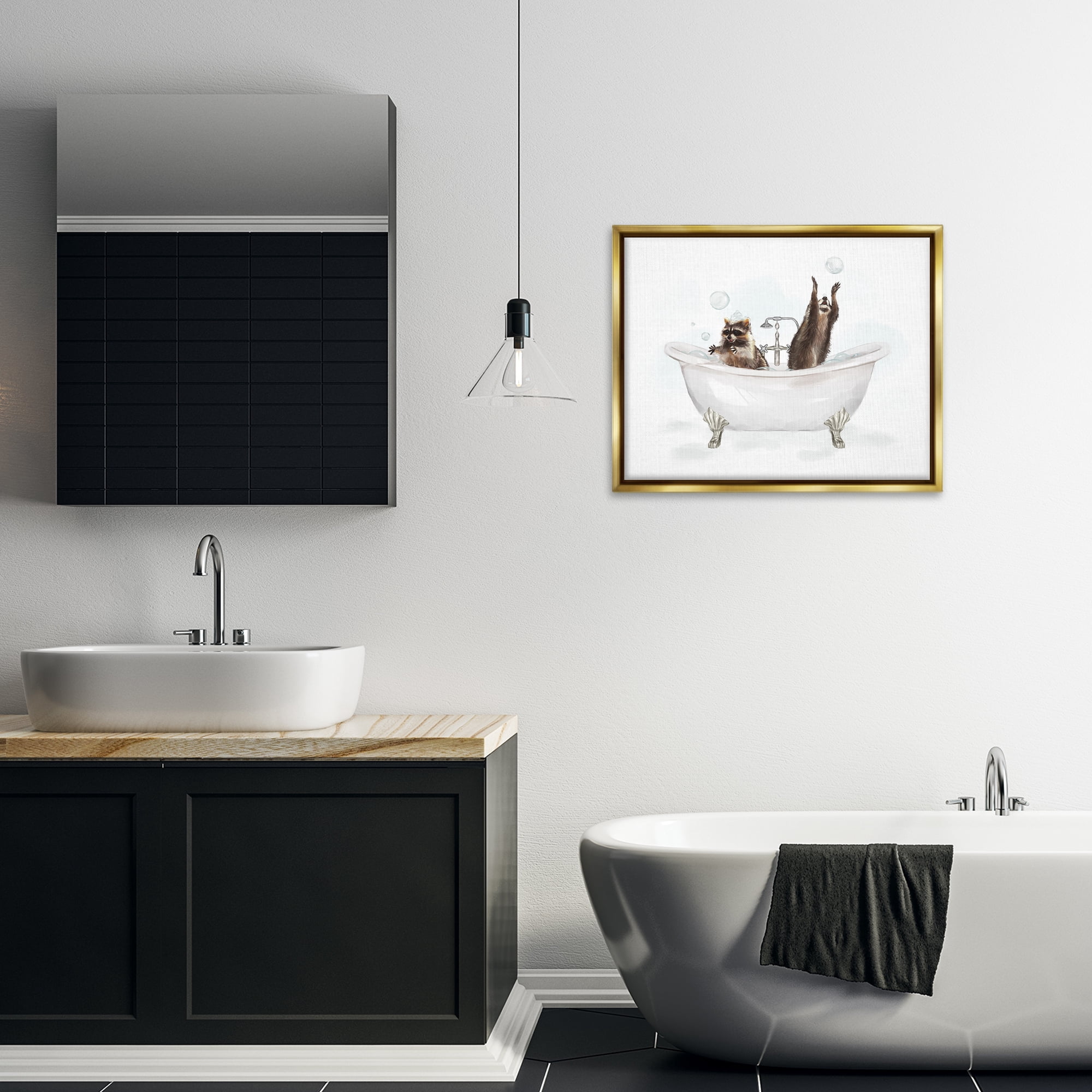 Stupell Industries Raccoons Catching Bubbles Typography Painting Gold Floater Framed Canvas Art Print Wall Art, 31 x 25