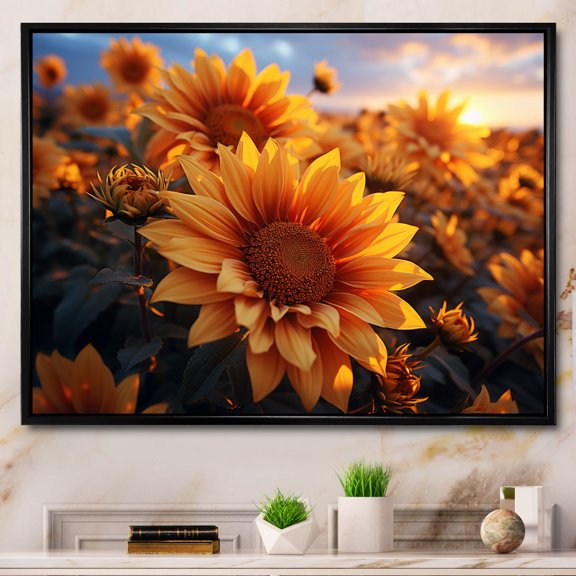 Designart "Yellow Sunflowers landscape Sunrise II" Floral Floater Framed Wall Art Print