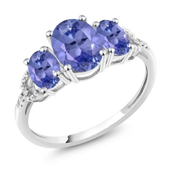 Gem Stone King 2.11 Cttw Oval Blue Tanzanite and Diamond Accent 3-Stone Engagement Ring | 10K White Gold | Three Stone Wedding Anniversary Promise Ring for Women | Size 6