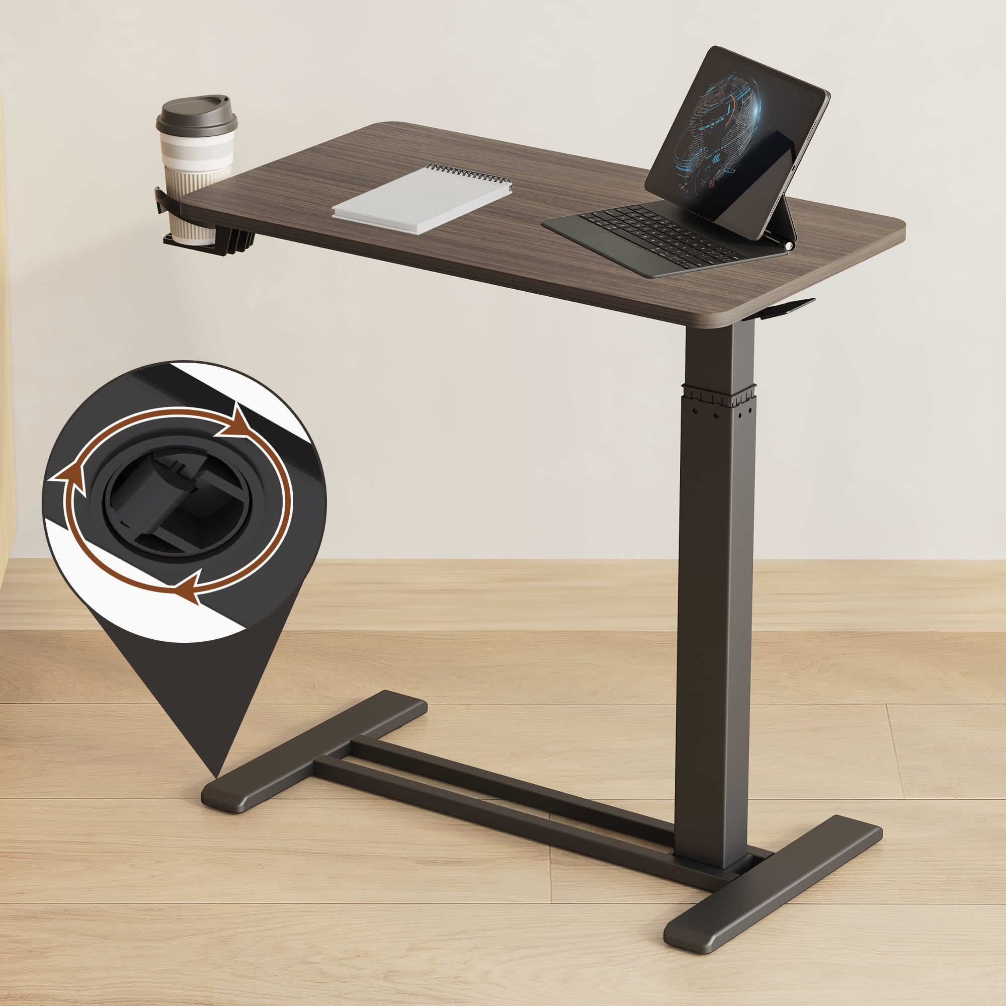 FitStand Height Adjustable Medical Bed Table with Hidden Casters, Rolling Laptop Desk with Cup Holder, Small Pneumatic Sit Stand Desk for Home Office, Sofa or Bedside Use, 28"x16", Walnut