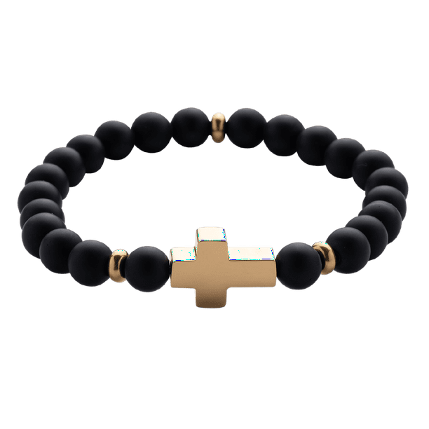 Pulsera Hombre de Cruz LUCKMAN, Jade Negro y Acero Inoxidable, Modelo Ezra dorado UNITALLA