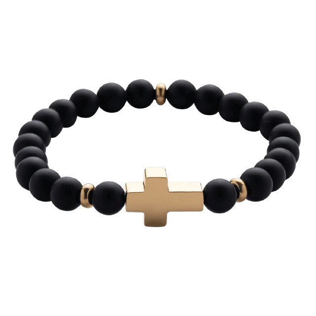 Pulsera Hombre de Cruz LUCKMAN, Jade Negro y Acero Inoxidable, Modelo Ezra dorado UNITALLA