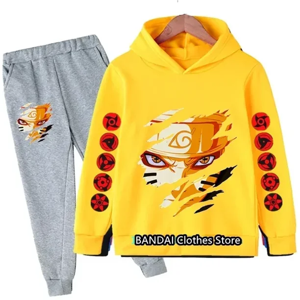 Conjunto de Sudadera con capucha de Naruto de Anime japonés para niños, ropa para niños y niñas, traje deportivo para niños, pantalones con capucha, conjunto de 2 piezas, moda de otoño