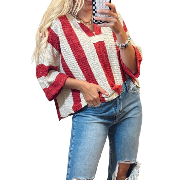 Women's Red Stripe Colorblock V Neck Sweater – Casual Bracelet Sleeve for Daily Wear | XL