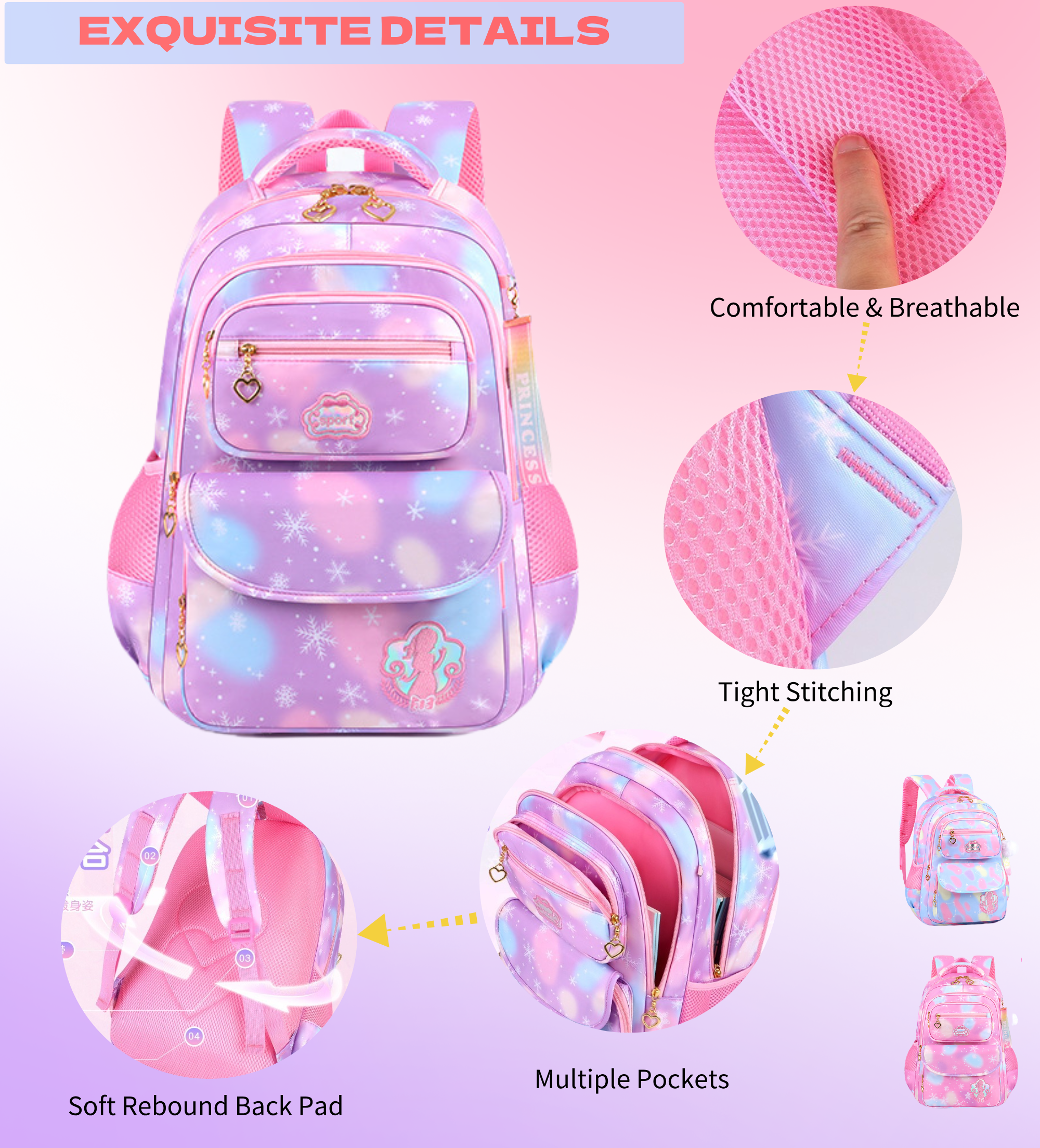 Mochila escolar para niñas, bonita, con múltiples bolsillos, púrpura 6