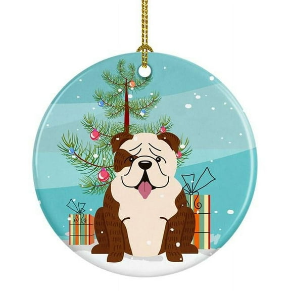 Merry Christmas Tree English Bulldog Brindle White Ceramic Ornament