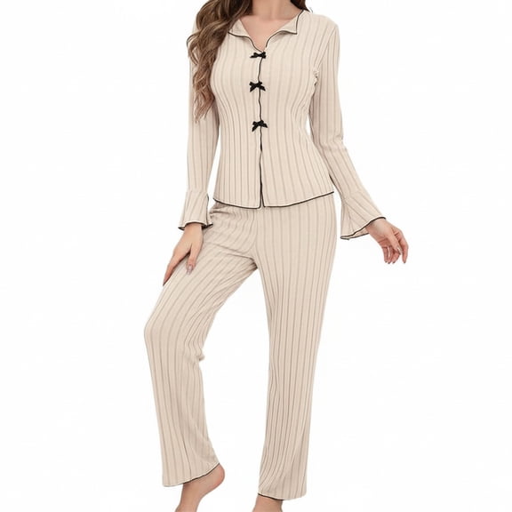 DHFJKG Pajamas For Women Set Ribbed Bow Pjs Set Ruffle Slim Fit Long Sleeve Sleepwear Soft Loungewear Cozy Home Clothes