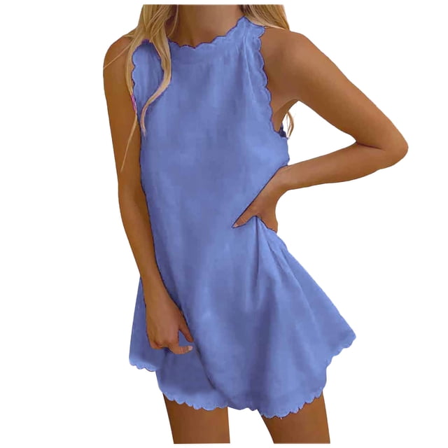 Vestido de mujer Vestidos de verano para mujer Playa Color sólido Camiseta Vestido sin mangas Casual Vestido sin mangas suelto Pompotops ghjkhdj2493