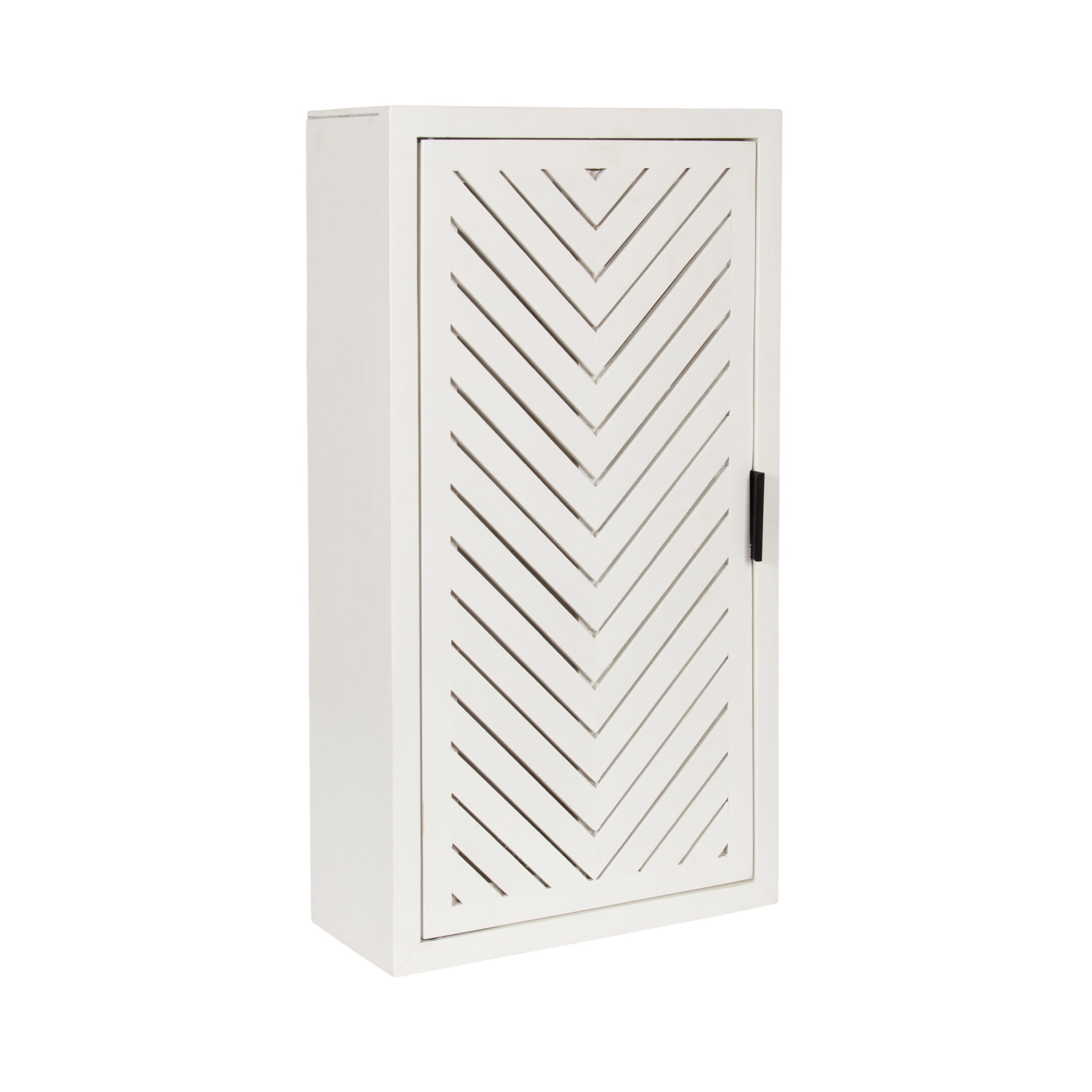 Kate and Laurel Mezzeta Decorative Modern One-Door Floating Bathroom Cabinet, 15 x 7 x 28, White, Decorative Over Toilet Storage Cabinet Made from Solid Mango Wood with Slatted Chevron Design