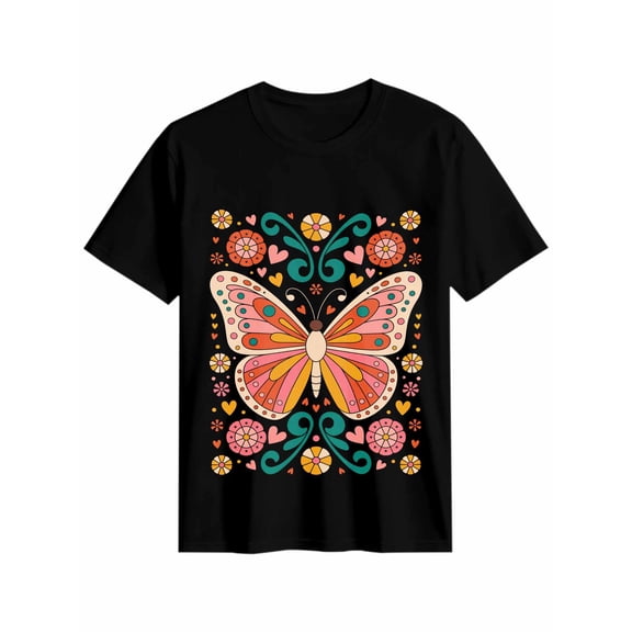 Women's T-Shirt Colorful Butterfly Abstract Mexican Flowers Short Sleeve Casual Tee Classic Crew Neck T Shirt for Women Black, 2XL