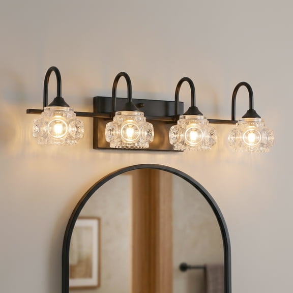 23" Retro 4-Light Bathroom Vanity Light Fixture, Black Bathroom Light with Crystal Glass Shades, Wall Mounted Bathroom Lighting Fixture Over Mirror, Vanity Light for Powder Room (Bulbs Not Included)