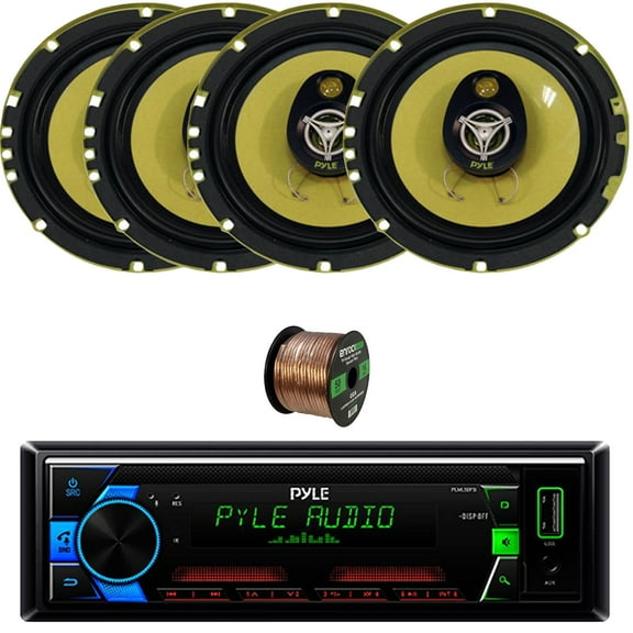 Pyle PLML50FB Single DIN AM/FM MP3 USB/AUX Stereo Receiver Bundle Combo Two Pairs (QTY 4) Of 6.5'' 280W Peak Power 3-Way Car Audio Speakers, 50 Feet 16 Gauge Speaker Wire