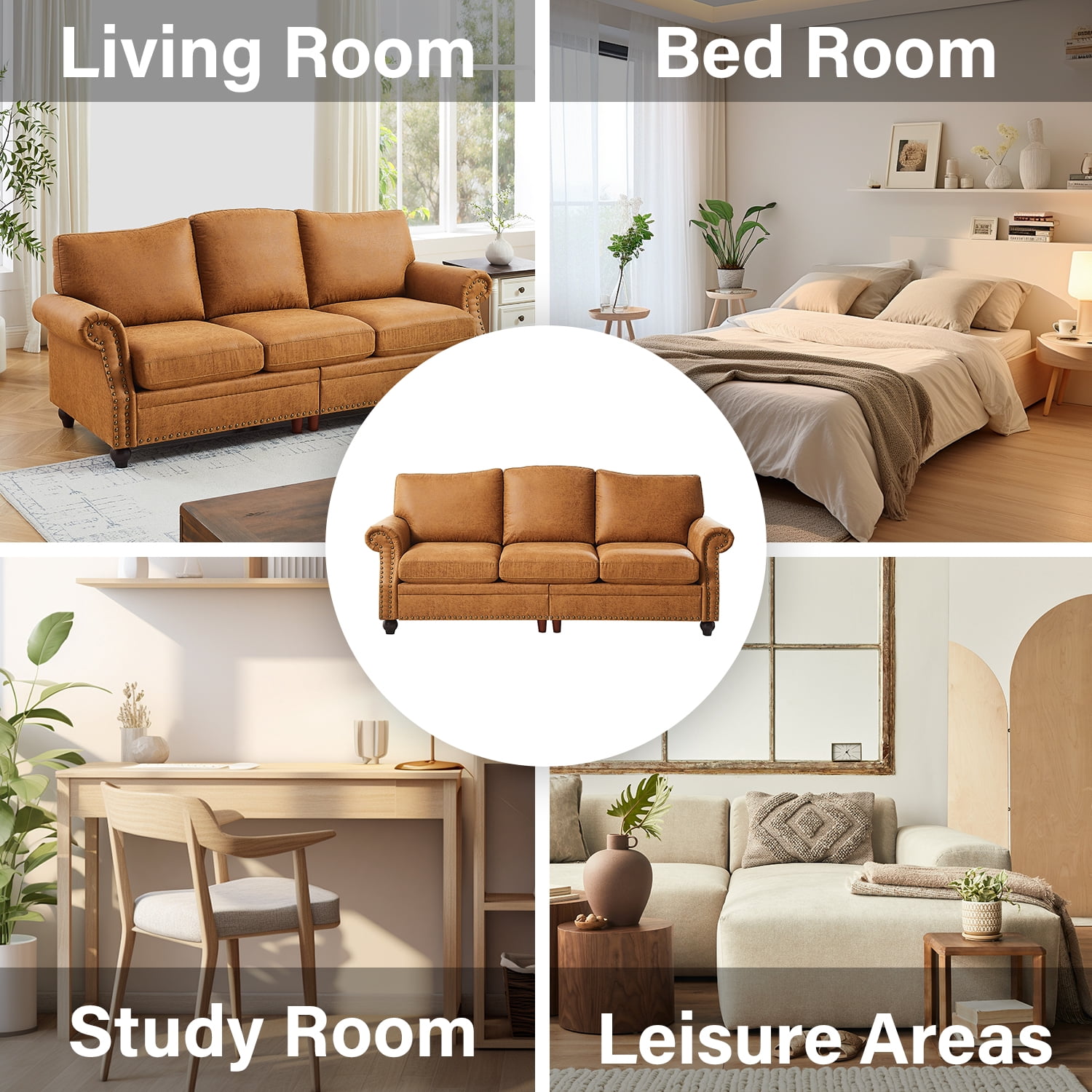 85" Luxury Sofa, 3 Seater Comfortable Suede Faux Leather Sofa with Rolled Arms and Nailhead Trim, Brown