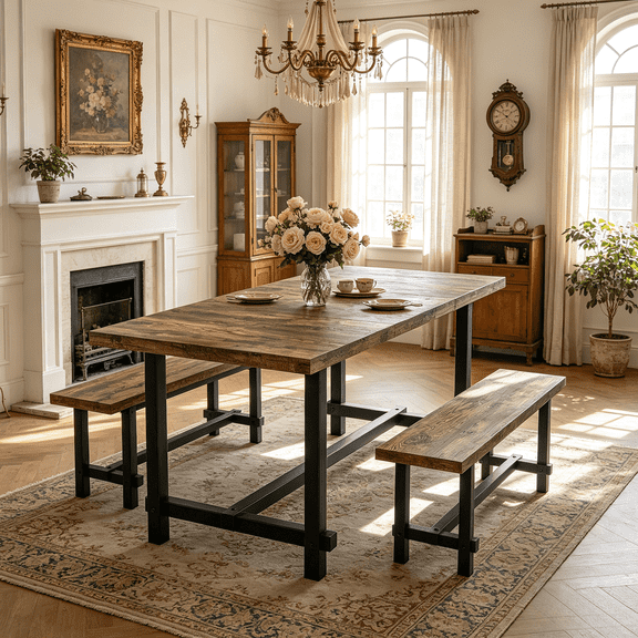 3-Piece Dining Table Set with 2 Benchs, 70.9'' Rectangle Kitchen Table for Breakfast Nook, Dining Room Furniture for 6-8 People