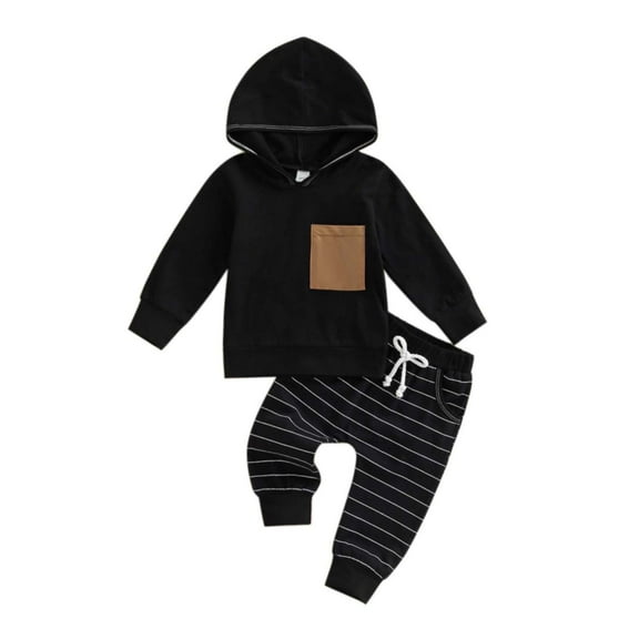 URMAGIC 6M-5T Kid Toddler Boy Outfits Clothes Solid Long Sleeve Hoodied Sweatshirt Tops   Casual Stripe Pants Fall Winter 2pcs Set