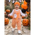 thumbnail image 3 of RUINIXCW Newborn Baby Boy My First Halloween Outfit Infant Boy Fall Winter Clothes Long Sleeve Romper Plaid Overalls Pants Pumpkin Hat 3 Piece Set, 3 of 10