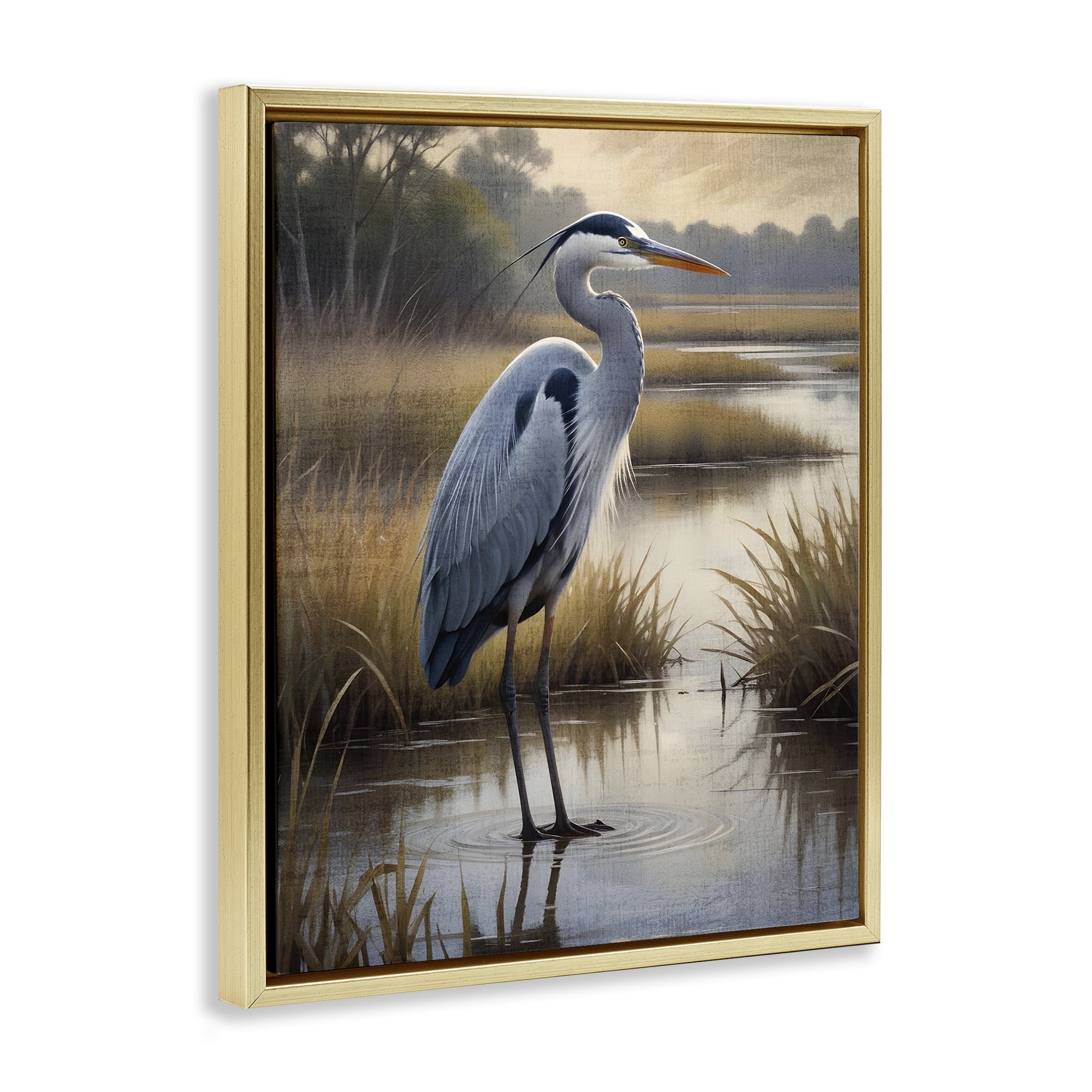 Stupell Industries Heron in Serene Marshlands Gold Framed Floater Canvas Wall Art, design by Susan Arnot