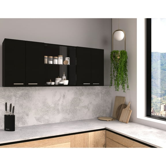 24" H Wall Cabinet In Black, 4 Doors With Metal Handles, 2 Internal Shelves, Built-in Dish Rack And Holder, Storage Shelves Glass Doors, Modern Appeal High, Plate Organizer, Chic