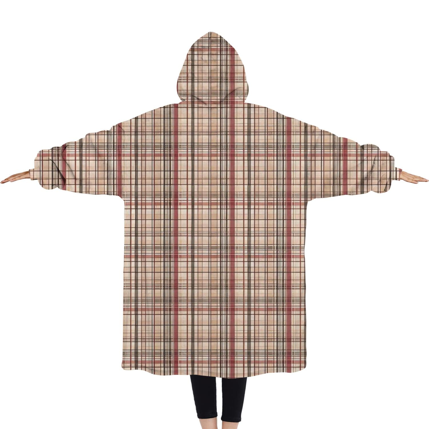 Oversized Wearable Blanket Hoodie,Beige Brown and Red Checkered Pattern Sherpa Blanket Hoodie with Super Pockets,Super Warm Fuzzy Pullover for Women & Men