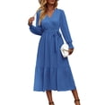 thumbnail image 1 of Vestido PRETTYGARDEN Maxi Cruzado Azul Oscuro de Manga Larga Talla L, 1 of 7