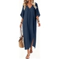 thumbnail image 4 of Tqcoqu Women's Beach Vacation Midi Dresses,V Neck Side Slit Kaftan Cover Up Dress,Navy Women's S-XXXL, 4 of 9