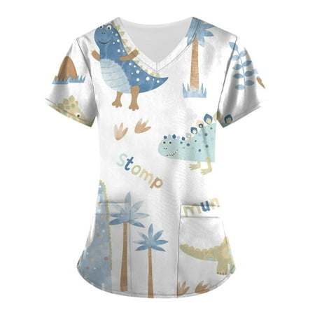 

BallsFHK Women s Printing Short Sleeve V-neck Tops Working Uniform Pocket Blouse Scrub Tops Women
